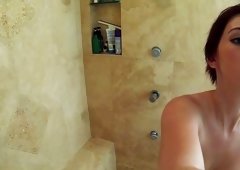 Natalie Lust pokes her vibrator to her wet cookie during the time that taking a shower