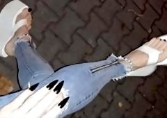 Muscle Hunk Heelex Struts Girl-On-Top During Late Night Street Stroll In Torn Skinny Jeans And Sky