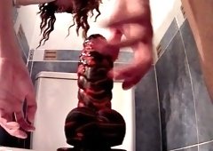 Ruined orgasm with alien dildo. See through thong panties