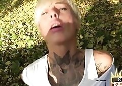 Inked public MILF rides sex date guy outdoor after blowjob