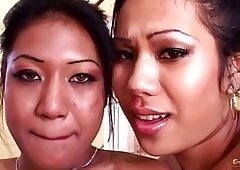 When a hairy Asian pussy gets fucked in a threesome the horny babe loudly moans