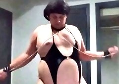 Thick and horny crossdresser bouncing on huge dildo