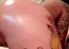 Inked busty brunette hair toying on webcam