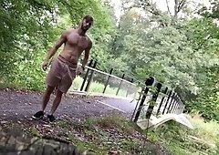 German boy naked outdoor, cumshot on bridge, jerking off