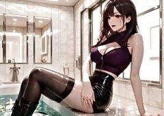 SeraphinaVales Stunning Ebony Beauty in Shiny Purple Boots Kneels for Steamy Shower Blow