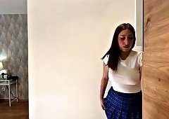 Busty Brunette Hottie with Massive Tits and Thick Booty in Tiny College Uniform Skirt in Kitchen Te