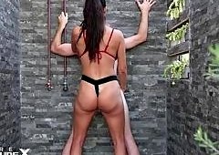 PurePleasureX Stands Fucking Her Big Cock in the Shower Against Wall