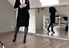Business Bitch Stripteases Into Cock Riding