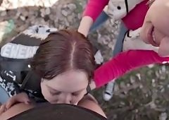 Turning Public Deepthroats in Car Nudity Threesome